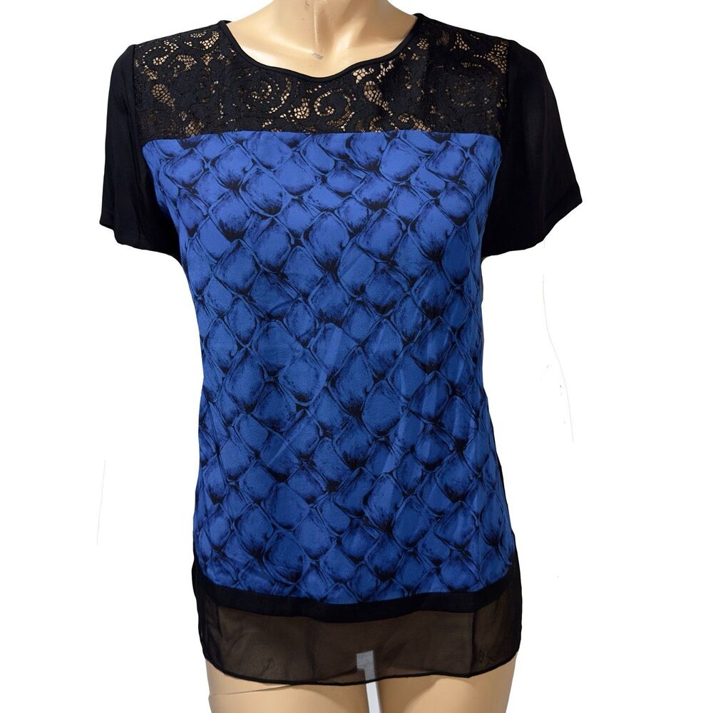 Diane Von Furstenberg Silk Top Size 10 Blue Black Contemporary Lace Detail Tee